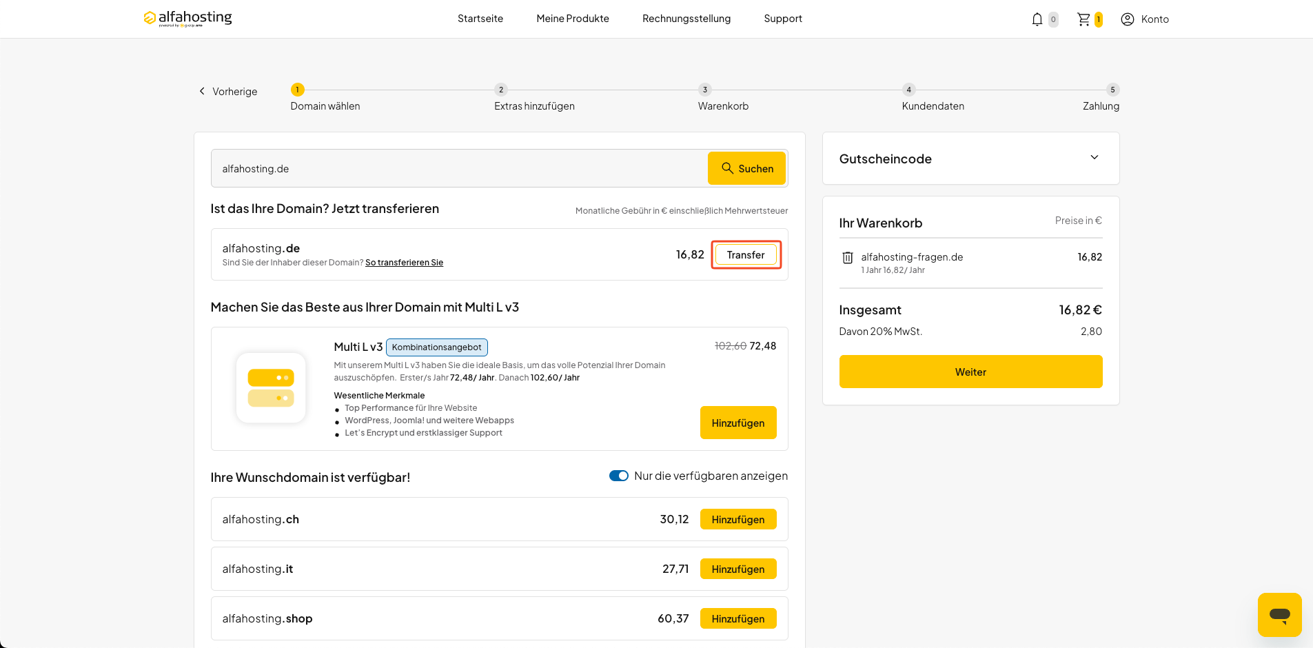 Transfer einer bereits registrierten Domain zu Alfahosting auswählen