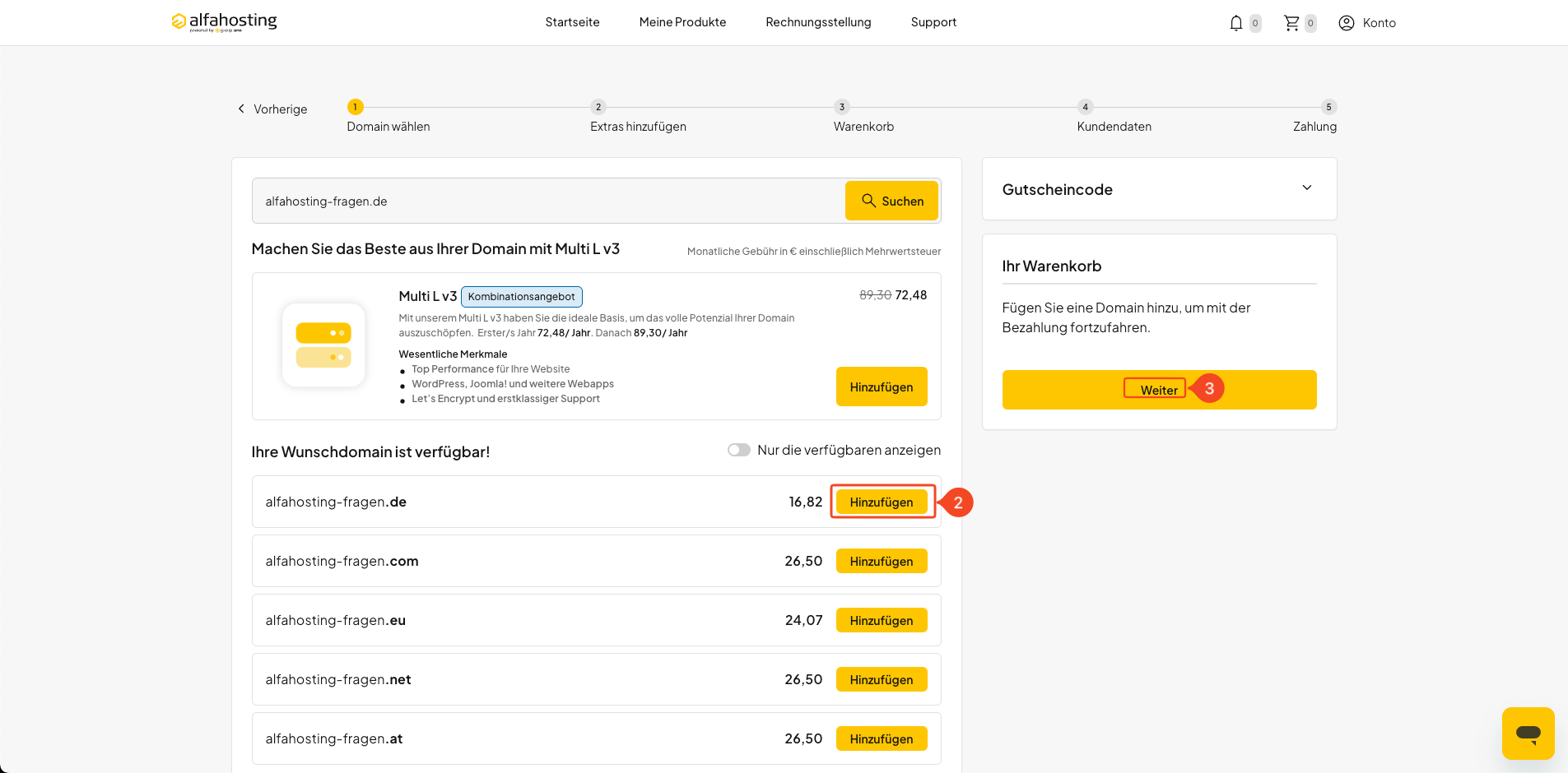 Verfügbare Domain zur Bestellung hinzufügen und fortfahren
