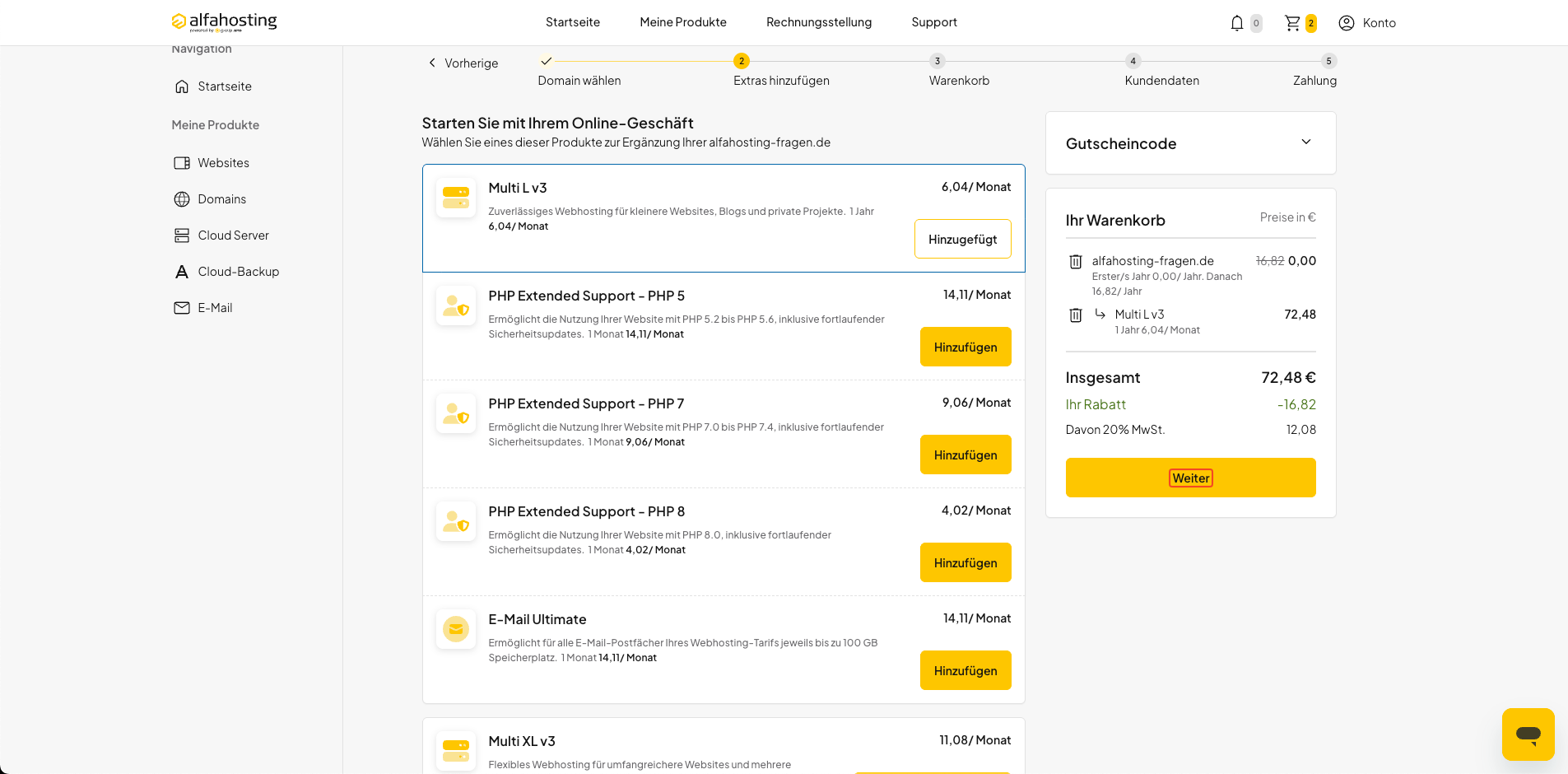 Zusatzleistungen für eine neue Domain auswählen