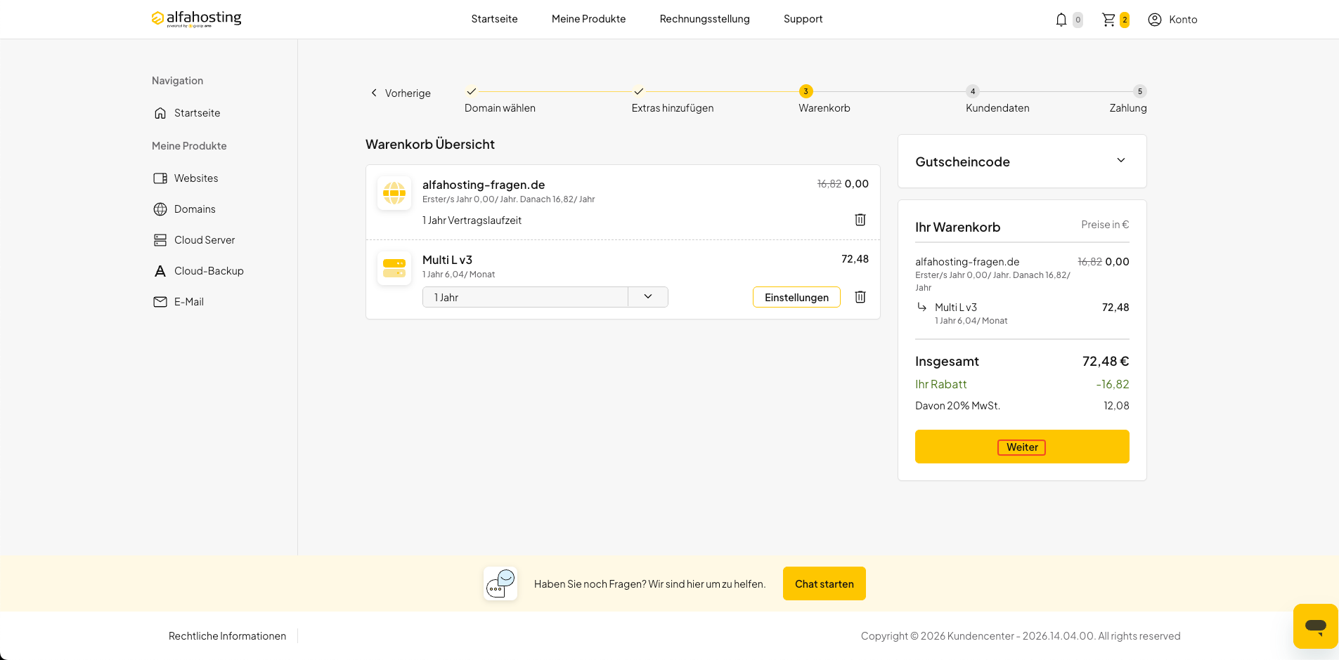 Domainbestellung und Zusatzleistungen im Warenkorb prüfen