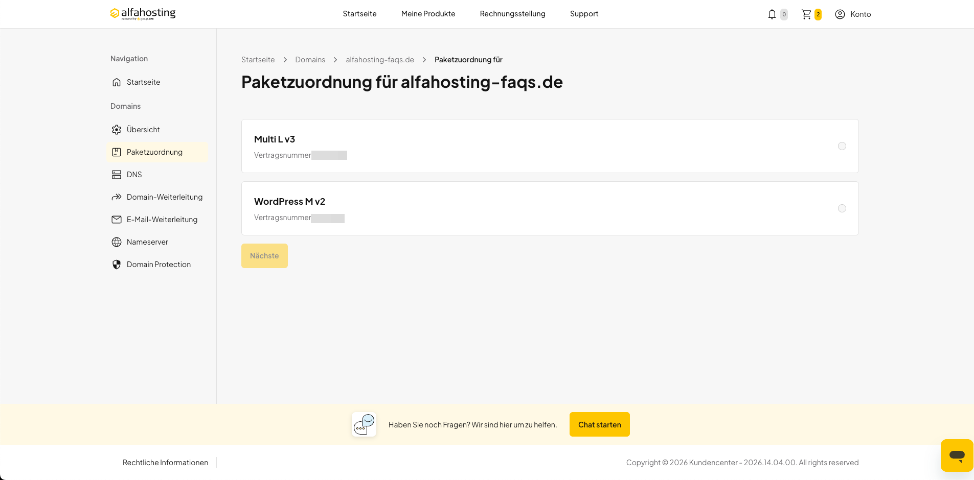 Hosting-Paket für die Zuordnung der Domain auswählen