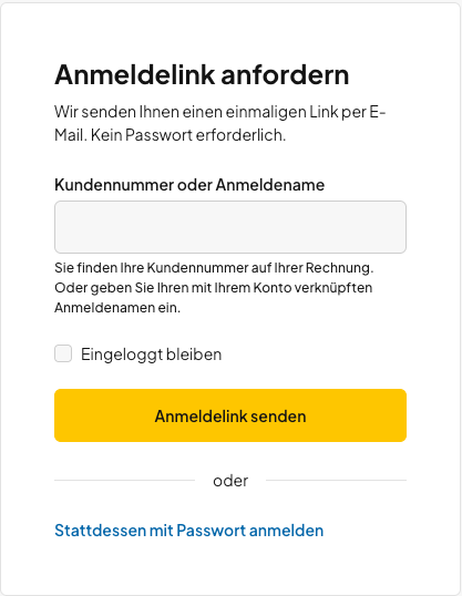 Kundennummer oder Anmeldenamen eingeben und Anmeldelink senden