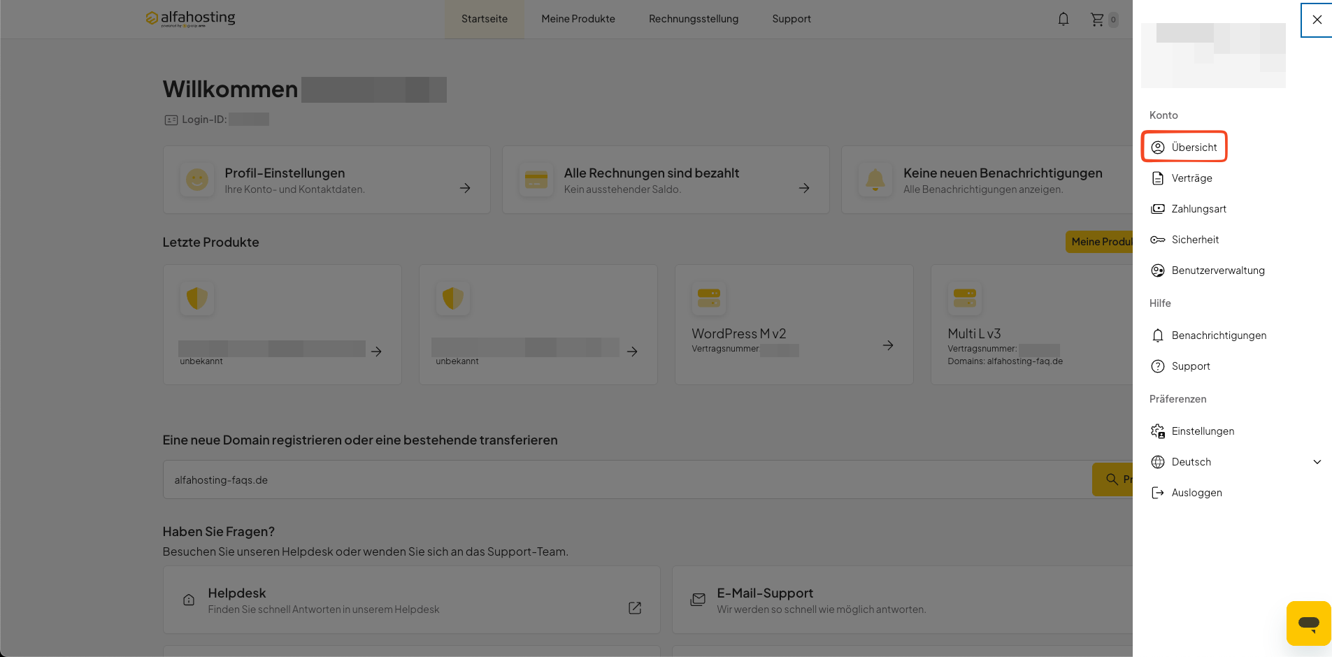 Menüpunkt Übersicht im Kontomenü von oneHome auswählen