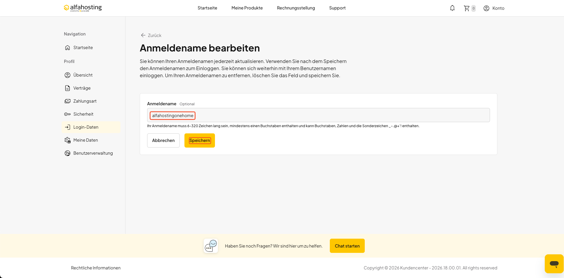 Anmeldenamen für oneHome eingeben und speichern